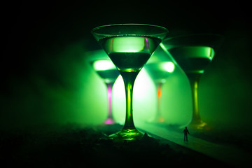 Selection of alcoholic drinks on rustic wood background. Creative artwork decoration