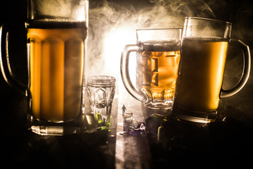 Selection of alcoholic drinks on rustic wood background. Creative artwork decoration