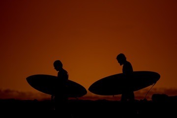 Silhouettes of surfers walking along a beach at sunset. Athletes carrying their surfboard on ocean...