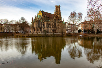 Fototapeta na wymiar Johannes church reflecting in the fire lake