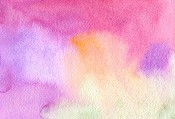 Colorful abstract watercolor background. Hand painted watercolor violet, pink, yellow wet brush hand drawn paper texture. Artistic design illustration for card, wallpaper, template, print, and web