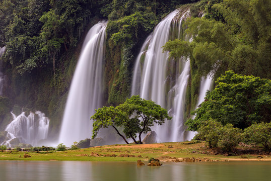 Detian Waterfall - Ban Gioc, International border between China and Vietnam. Strong powerful water, Asia's largest transnational waterfall. Detian Falls, Guangxi Province China. Lone Tree