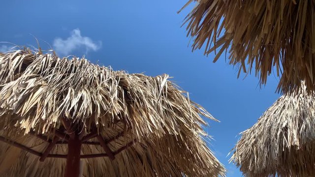Tropical thatch umbrella. Sun umbrella and blue sky. Caribbean vacation.
