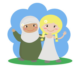 Muslim girl and blonde with pigtails on a blue background. Vector illustration.