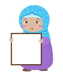 Muslim girl with a poster in her hands. Vector illustration.