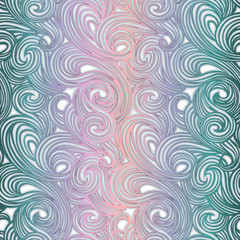 Abstract  seamless vector pattern. Vortex stripes pattern in delicate violet, pink, emerald and coral pastel colors. Wallpaper design, textiles, postal packaging. 