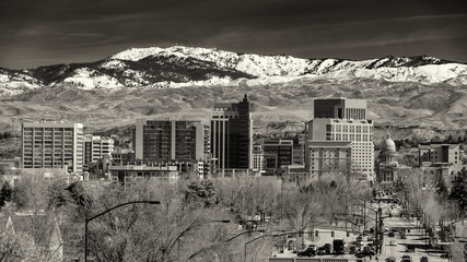 Boise skyline in winter Black and White with snow in the foothills