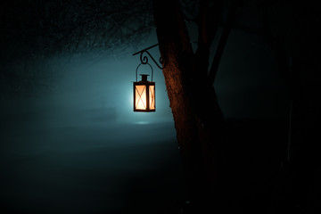 Beautiful colorful illuminated lamp in the garden in misty night. Retro style lantern at night...