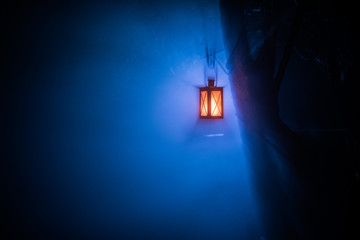 Beautiful colorful illuminated lamp in the garden in misty night. Retro style lantern at night outdoor.