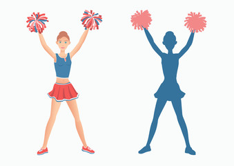 Cheerleader with pom-poms and her silhouette on white background.