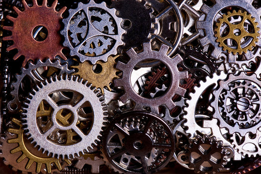 Background from various gears close-up.