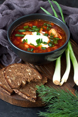 Soup  borscht with dill in ceramic  bowl