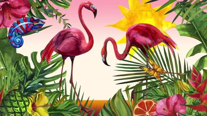 Cartoon flamingo bird, chameleon and butterfly. The sun is moving. Watercolor tropical wildlife. Hand drawn jungle nature, illustration - Powered by Adobe