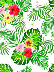 Tropical vector seamless background with palm leaves and flowers.