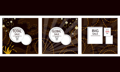 Creative set of Sale headers or banners with discount offer. Art dark and golden posters. Design for seasonal clearance. It can be used in advertising, web design, graphic design