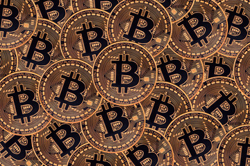 Many bronze coins with Bitcoin sign, It is a cryptocurrency background.