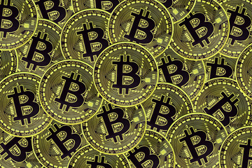Many gold coins with Bitcoin sign, It is a cryptocurrency background.