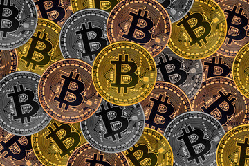 Many bronze, silver and gold coins with Bitcoin sign, It is a cryptocurrency background.
