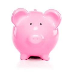 Front view of piggy bank isolated on white background (Pink piggy bank)