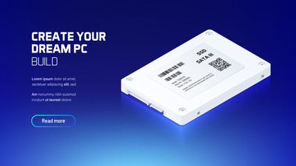 SSD 2.5" disk realistic 3d isometric illustration, personal computer hardware components, custom gaming and workstation accessories, pc store and service
