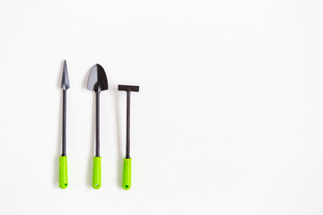 Garden tool for seedlings on white wooden background