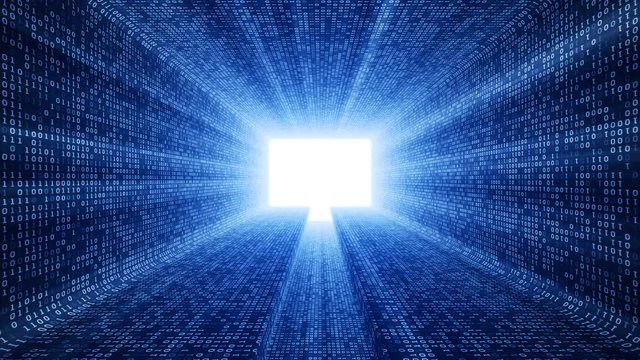 Abstract background with digital tunnel from binary code symbols 1 and 0 as technological sign with shine and light beams. Animation of seamless loop.