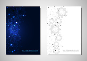 Brochure template or cover design. Digital technology with plexus background and space for your text. Geometric abstract background of connecting dots and lines.