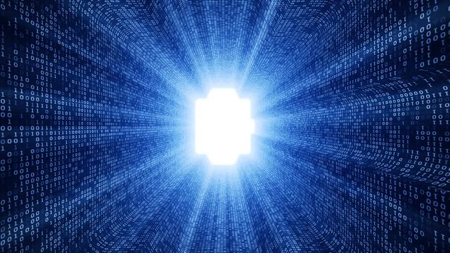Abstract background with digital tunnel from binary code symbols 1 and 0 as technological sign with shine and light beams. Animation of seamless loop.