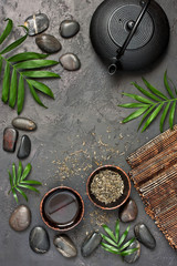 Tea ceremony, green tea, tea pot and tea cups