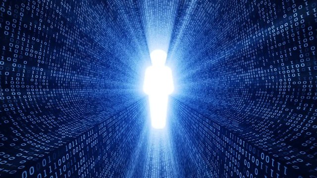 Abstract background with digital tunnel from binary code symbols 1 and 0 as technological sign with shine and light beams. Animation of seamless loop.