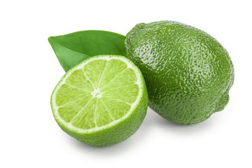 lime with half and leaf isolated on white background