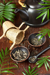 Tea composition with ceramic tea cups and black  teapot