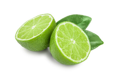 half lime with leaves isolated on white background