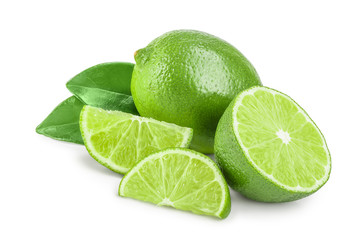 lime with half and leaf isolated on white background