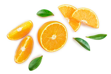 orange with leaves isolated on white background. Top view. Flat lay
