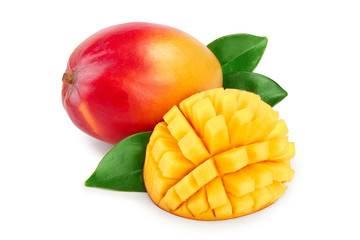 Mango fruit half with leaves and slices isolated on white background close-up