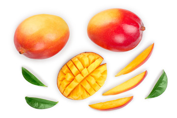 Mango fruit and half with slices isolated on white background. Set or collection. Top view. Flat lay