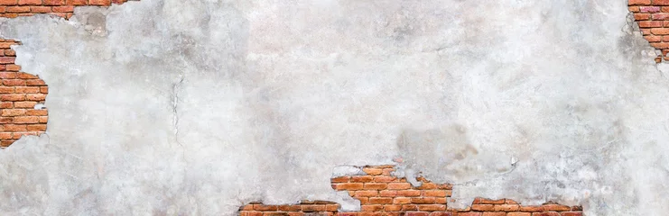 Afwasbaar Fotobehang Bakstenen muur Beschadigd gips op bakstenen muur achtergrond. Metselwerk onder afbrokkelende textuur betonnen oppervlak