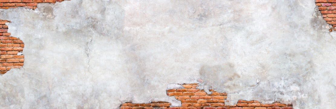 Damaged plaster on brick wall background. Brickwork under crumbling texture concrete surface © dmitr1ch
