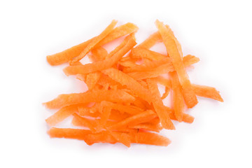 fresh shredded carrots isolated on white background, Top view. Flat lay
