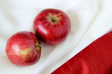 two red apples on a red and white tablecloth