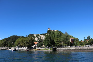 View to Castle Rocca d'Angera in Angera at Lake Maggiore, Italy
