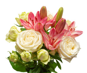 Bouquet of delicate roses and lilies flowers isolated on white background with clipping path. Wedding card. Greeting. Summer. Spring. Flat lay, top view. Love. Valentine's Day