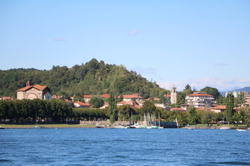 View to Castle Rocca d'Angera in Angera at Lake Maggiore, Italy
