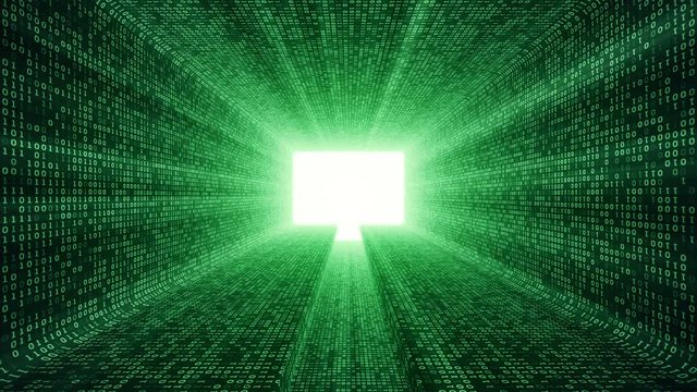 Abstract background with digital tunnel from binary code symbols 1 and 0 as technological sign with shine and light beams. Animation of seamless loop.