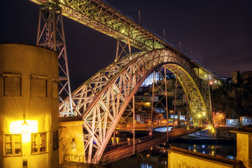 Night Porto, metallic famous Dom Luis bridge .