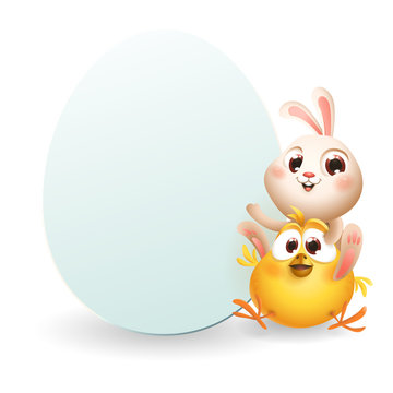 Cute baby Easter bunny and chicken with egg shape board - template on white isolated background