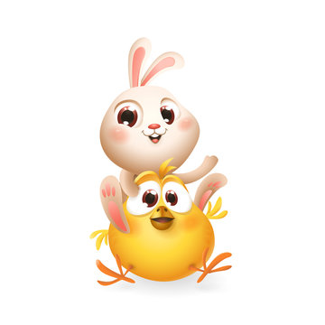 Cute baby bunny and chicken playing and having fun - isolated on white - vector illustration