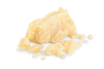 Parmesan cheese pieces isolated on white background. Closeup