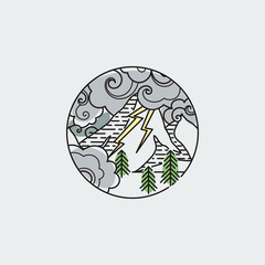 Storm mountains. Nature exploration vector vintage poster. Modern flat linear vector illustration.